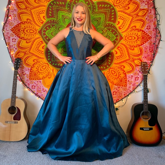 NWT Monique Lhuillier mesh inset ball gown in teal - Picture 7 of 8